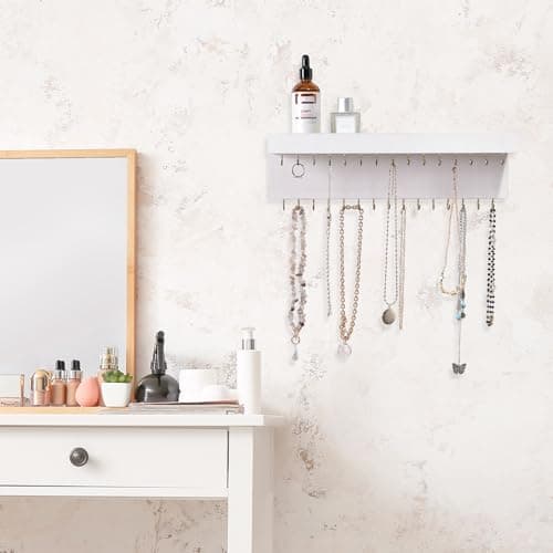 CCINPPY Necklace Holder Wall, Jewelry Holder Organizer Wall with 30 Jewelry Hooks and Shelf, Wooden Hanging Necklace Hanger Organizer Wall Mount for Necklaces Bracelets, and Chains White 2