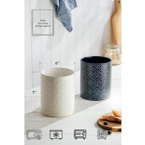 MIKIGEY Kitchen Utensil Holder, 6x7 inch Large Ceramic Utensil Holder with Embossed Pattern, Cooking Utensil Crocks for Kitchen Countertop, Home Decor, Off-White 5