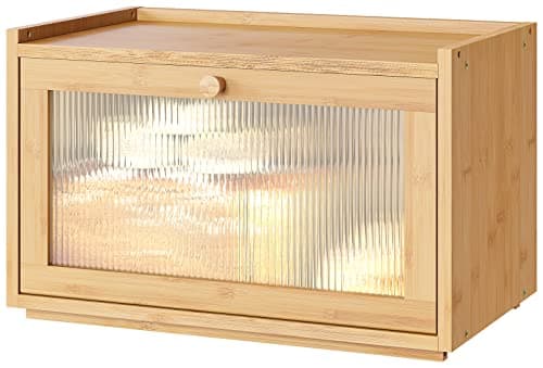 kiplant Large Bread Box for Kitchen Counter, Bamboo Bread Storage Container with Wavy Arcylic Transparent Door, Bamboo Wooden Farmhouse Bread Box for Your House