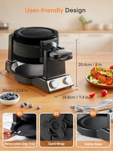 FOHERE 2-in-1 Omelette Maker&Waffle Maker, 1400W Omelet Maker 180° Flip, Adjustable Browning Control, Non-Removable & Nonstick Pans, Make Two Omelet and One Waffle at Once for Home (Dark Black) 9