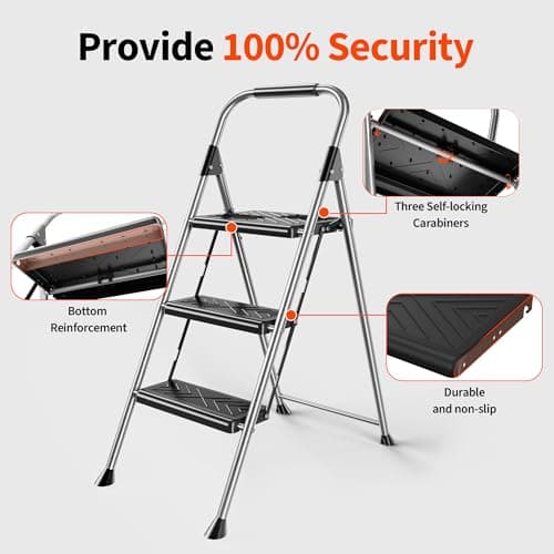 DIAMONDFORGE 3 Step Ladder, Folding Step Stool with Anti-Slip Wide Pedal, Soft Handle, Anti-Slip Feet, Sturdiest Steel Construction, 900lbs Capacity Steel Ladder for Home and Office, Grey 5