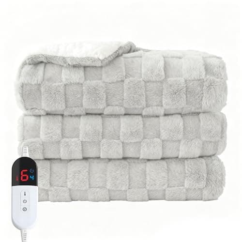 Easthome Electric Heated Throw Blanket - Jacquard Checkered Sherpa 50"x60" Fast Heating Bed Blankets with 6 Heating Levels & 4 Hours Auto Off, Over-Heat Protection ETL, Light Gray
