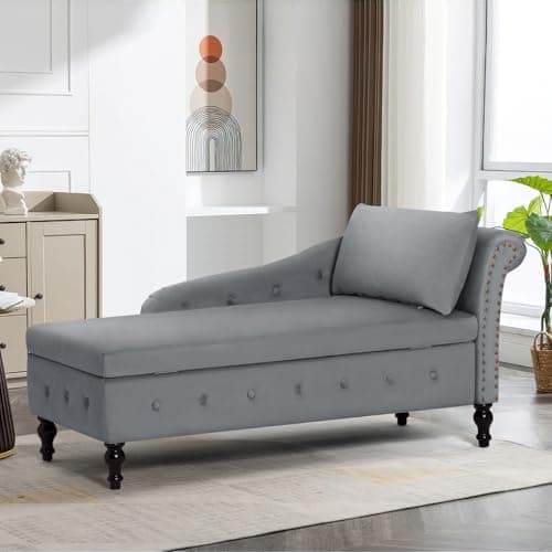 ACMEASE Upholstered Chaise Lounge with Right Armrest & Lumbar Pillow,Button Tufted Lounge Sofa with Storage,Lounge Chair Indoor,Modern Velvet Lounge Chair for Bedroom, Living Room and Office,Grey