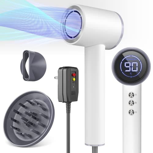 DRSPEE High-speed Ionic Hair Dryer with Diffuser, 1600W, LED Display, Portable for Travel & Home Salon - White