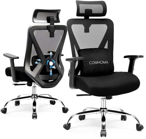 COMHOMA Ergonomic Office Chair Big and Tall Gaming Chair with Footrest, 3D Adaptive Lumbar Support & Headrest, High Back Rolling Computer Chair with Wide Seat, Breathable Mesh, ErgoFlex-F26, Black