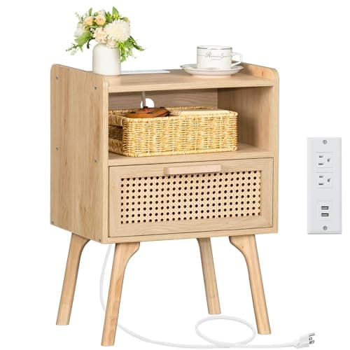 Lerliuo Rattan Nightstand with Charging Station, Boho Side Table with Drawer Open Shelf, Cane Accent Bedside End Table for Bedroom, Dorm and Small Spaces