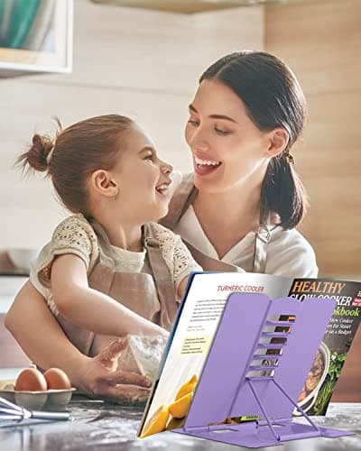 MSDADA Book Stand Metal Reading Rest Book Holder Adjustable Cookbook Documents Holder Portable Sturdy Bookstands for Recipes Textbooks with Page Clips Birthday Gifts for Girls Mom Students(Purple) 8