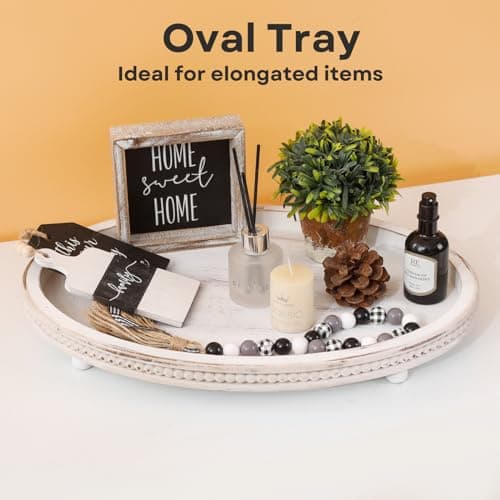 FESTWIND Wooden Tray,Oval Decorative Tray for Coffee Table Kitchen Dinning Table Entryway, Small Beaded Tray for Holidays, Farmhouse Centerpiece Decor Weathered White 5