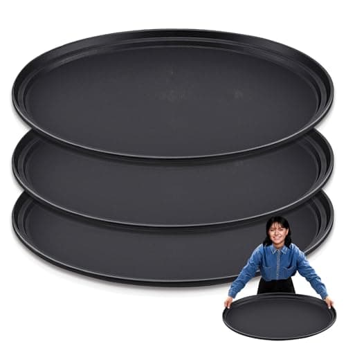 3 Pcs Large Restaurant Serving Trays 24" x 29" Oval Plastic Food Serving Tray Non Slip Rubber Lined Black Serving Tray for Cafeteria (3)