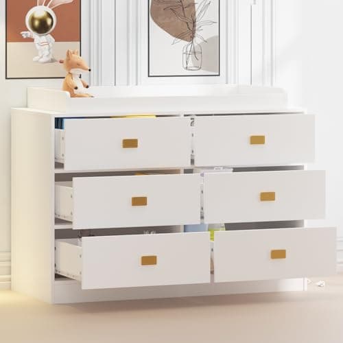 Patikuin Dresser for Bedroom with 6 Drawers, Wide Chest of Drawers with Changing Table Top, Nursery Storage Organizer for Infant with Power Outlets, Changing Pad & Removable to - White 5