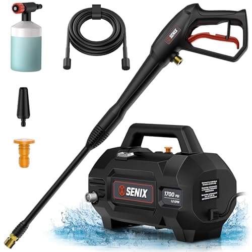 SENIX 13 Amp Electric Pressure Washer - 1700 PSI, 1.2 GPM, Compact with Foam Cannon, Spray Gun, 20-ft Hose, Turbo Nozzle, and 15° Spray Nozzles - Perfect for Cars and Driveways