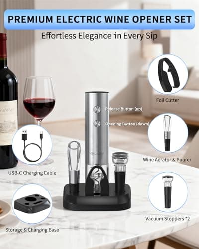 CIRCLE JOY Electric Wine Opener Stainless Steel Rechargeable Automatic Wine Bottle Opener Set 7-in-1 Wine Gifts for Wine Lovers with Charging Base, Foil Cutter, Wine Aerator Pourer & 2 Vacuum Stoppers 5