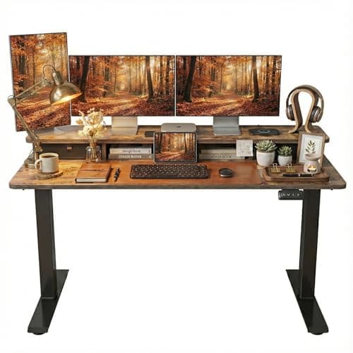 FEZIBO 55'' Height Adjustable Electric Standing Desk with Double Drawer, Home Office Computer Desk with 4 Height-Adjustable Feets & 2 Hooks, Rustic Brown