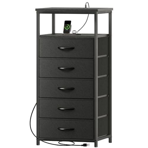 Huuger 5 Drawers Dresser with Charging Station, Dresser for Bedroom, Tall Night Stand, Chest of Drawers with Open Shelf, Bedside Table Nightstand, Fabric Storage Drawers, for Entryway, Black