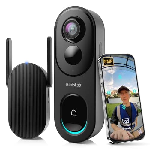 BOTSLAB Doorbell Camera Wireless, 5MP Video Doorbell, 180°Panoramic View, No Monthly Fee, 2.4 GHz WiFi, AI Motion Detection, VR Mode