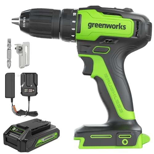 Greenworks 24V Brushless Cordless Drill Kit, 310 in./lbs, 18+1 Position Clutch, 1/2 '' Keyless Chuck, Variable Speed, Battery With 2A Charger, LED Light