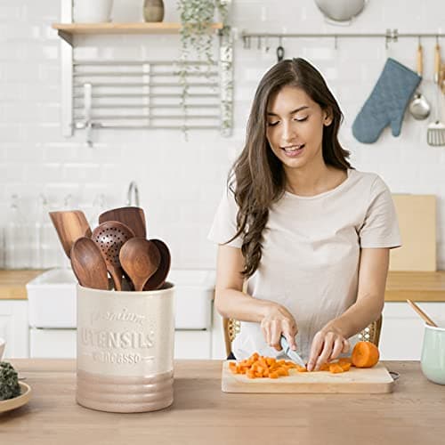 vancasso Sabine Utensil Holder, 7.2" Large Utensil Crock for Kitchen Counter, Ceramic Utensil Crock Storage, Matte Cream-Colored Farmhouse Utensil Organizer, Utensil Storage for Home Décor, Gifts 6