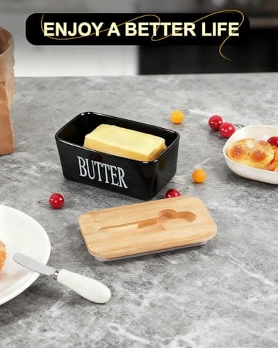 GVUHR Ceramic Butter Dish with Lid And Knife，Airtight Butter Crock with Lid for Countertop，Premium Large Butter Container for Refrigerator，Butter Tray for Butter Storage (Black) 7