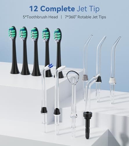 Water Flosser & Ultrasonic Electric Toothbrush Combo, 600ML Water Dental Flosser with 7 Jet Tips, 10 Adjustable Water Pressure, 5 Toothbrush Heads for Home Use, Gums, Braces (Black) 7