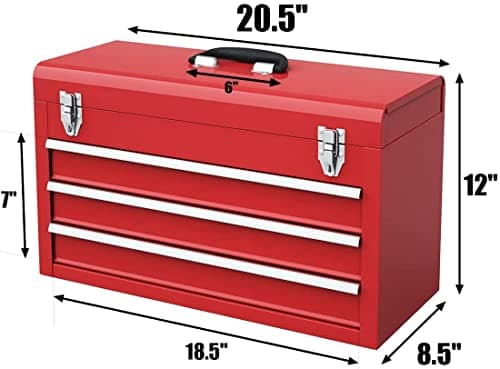 Giantex Portable Steel Tool Box, 20.5'' Toolbox w/ 3 Drawers & Top Storage Tray, Tool Storage Chest w/Double Latch System, Ball Bearing Drawer Slides, EVA Liners & Carrying Handle, Red 8