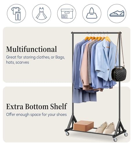 SLEEPING LAMB Heavy Duty Clothes Rack, Rolling Clothing Racks for Hanging Clothes Metal Garment Racking With Wheels, Clothes Hanger for Coats, Shirts, Sweaters Wardrobe Rack (Black) 5