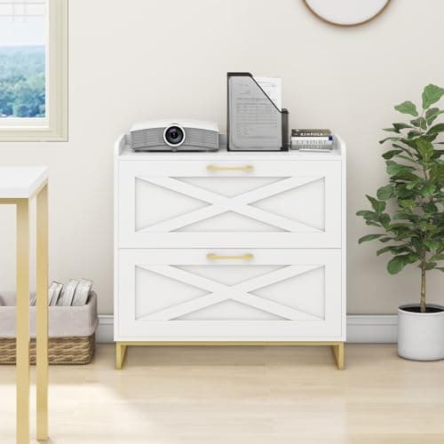 File Cabinet 2 Drawers Lateral File Cabinet with Charging Station for Letter/Legal/A4 Size Hanging Files, Large Wood File Storage Cabinets Printer Stand for Home Office, White and Gold 7