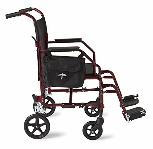 Medline Lightweight Steel Transport Chair, Folding Chair is Portable, Large 8in Back Wheels, 19in Wide Seat, Red 8