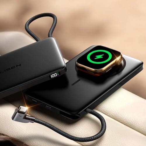 LISEN 0.5'' Ultra Slim MagSafe Power Bank for iPhone and Apple Watch,10000mAh MagSafe Battery Pack,Alloy Magnetic Portable Charger for iPhone 16 Pro Max Plus/15, Apple Watch S11 /S10 S9 SE，Black