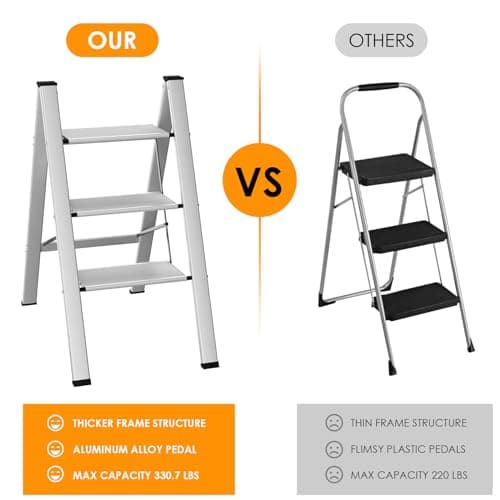 Arlopu 3 Step Ladder, Folding Step Stool with Wide Anti-Slip Pedals, Aluminum Portable Lightweight Ladder for Home, Kitchen, Office, Sturdy Temporary Storage Shelf Rack, Max Capacity 330lbs, Silver 6