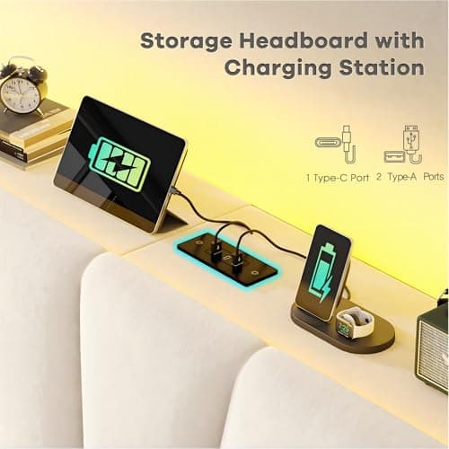 EnHomee King Size Bed Frame, Velvet Bed Frame with Headboard and Led Light, Platform Bed Frame for Bedroom Apartment, Dorm, Noise-Free, Easy Assembly, Beige 5