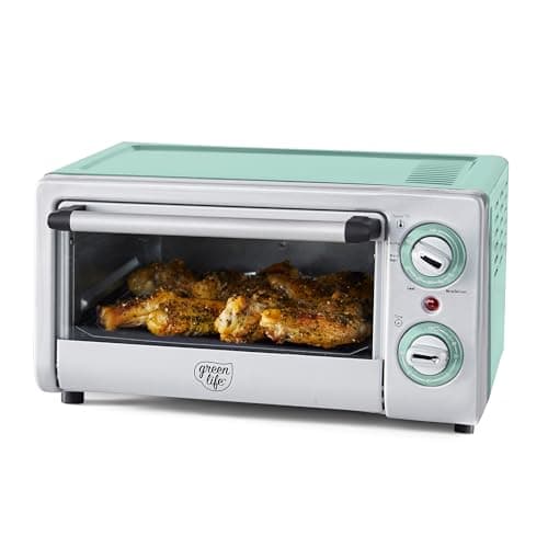 GreenLife Countertop Toaster Oven Air Fryer Stainless Steel, Healthy Ceramic Nonstick, PFAS Free, Tray & Basket, Bake, Broil, Reheat, Adjustable Temp & Time Control, Auto Shutoff, Turquoise
