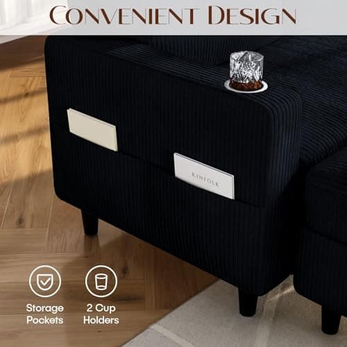 POYISOU Convertible Sectional Couches for Living Room, Modern Corduroy Couch Small Sofas for Small Space Apartment Office, 3 Seats L Shaped Sofa with Storage Ottoman and 2 Cup Holders, Black 5
