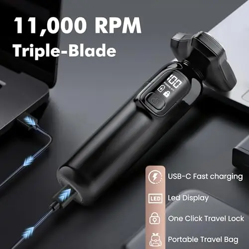 Electric Razor for Men Flynth 3-in-1 Cordless Shaver 3-Blade Rotary Shavers Wet/Dry for Beard Nose & Face, IPX7 Waterproof Fast Charge Travel Trimmer Grooming Set 8