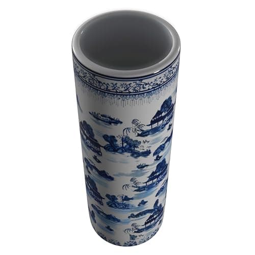 Oriental Furniture 20" Landscape Blue & White Porcelain Umbrella Stand 7