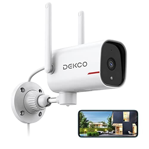 DEKCO WiFi Camera 2K Pan Rotating 180° Wired Outdoor Security Cameras with Color Night Vision, Support 24/7 Recording, 2.4GHz WiFi, AI Human Auto Tracking, Work with Alexa/Google Assistant (1 Pack)