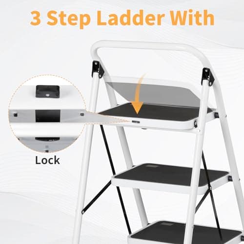 Winado 3 Step Ladder, Folding Step Stool with Wide Anti-Slip Pedal, Lightweight Convenient Handgrip Sturdy Steel Ladder, Portable Steel Step Stool 330 LB Capacity 3