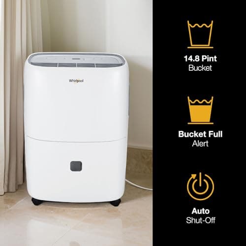 Whirlpool 50-Pint Portable Dehumidifier for Basement, Garage, and Living Room, 115V, Dehumidifier for Rooms up to 4500 Sq. Ft. with Energy Star Certification, Auto-Shutoff, and Timer in White 5