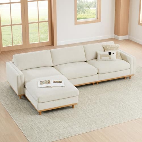 CHITA Super Large Luxury L Shape Convertible Sectional Modular Sofa, Down Filled Modern Sofa with Ottoman, Deep Seat Cloud Couch, 118 inch Width, 4 Seat Couch with Solid Wood Leg, Linen