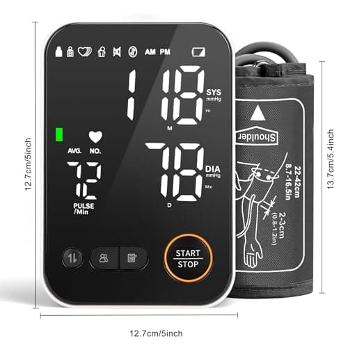 Blood Pressure Monitor Upper Arm - Bluetooth iOS & Android Compatible One-Button Operation Voice Broadcast Large LED Display Backlit 2x120 Memory Adjustable Cuff 8.7"-16.5" with Storage Bag Black 9