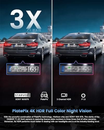 OMBAR T1 4K 3 Channel Dash Cam, STARVIS 2 IMX678 Sensors, Free 128GB Card, 2025 New Full Color HDR Night Vision, 4K+1080P+1080P Triple Car Camera,5G WiFi, 24H Parking Mode, Support 512GB Max 6