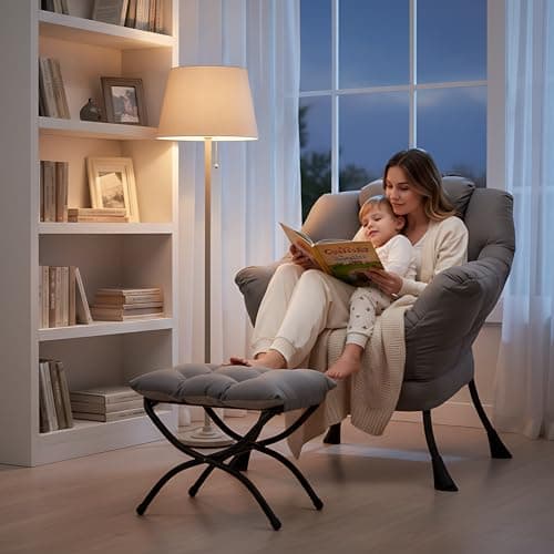 Welnow Lazy Chair with Ottoman, Modern Accent Chair with Armrests and a Side Pocket, Leisure Sofa Armchair, Reading Armchair with Footrest for Small Space, Dark Grey 9