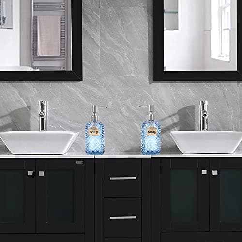 SDlumeiy 16 oz Diamond Pattern Glass Soap Dispenser, Kitchen and Bathroom Refillable Soap Dispenser with Rust Resistant Stainless Steel Pump for Hand Soap, Lotion Glass Liquid Dispenser(Blue - 2 Pack) 6