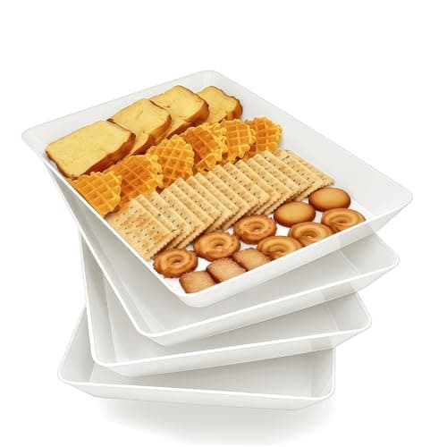 AMGBZT Serving Tray Platter, 4 Pack Food Tray for Veggie Fruit Snack Dessert Cookie Cheese, Food Trays for Party Supplies Display, Plastic Platters for Serving Food, Large White Trays, BPA Free