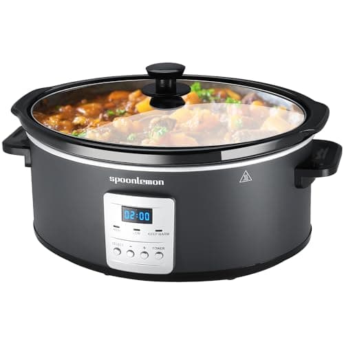 spoonlemon 7 QT Slow Cooker, 280W Electric Crock Cooker with Digital 20H Timer & 3-Level Heat Settings, Oval Ceramic Inner Pot for Family Dinners, programmable slow cooker black