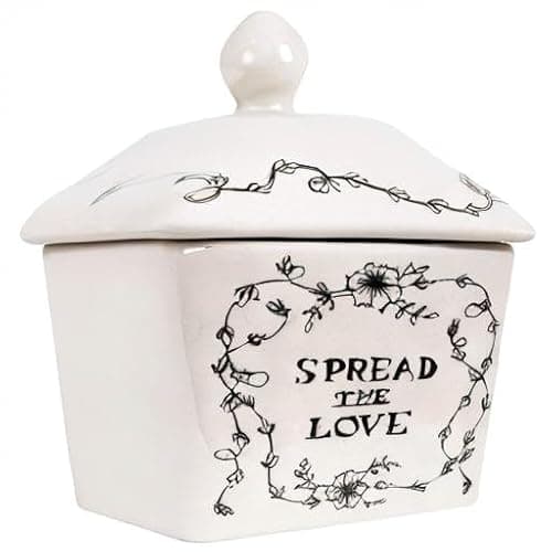 Creative Co-Op Country Stoneware Butter Dish with Lid, "Spread the Love" Message, and Farm Line Drawing, White and Black, Food, Microwave, and Dishwasher Safe 6