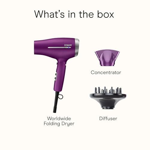 Conair Worldwide Folding Handle Hair Dryer with Concentrator & Diffuser, 1875W Travel Blow Dryer with Smart Voltage Technology, Ionic Conditioning Fights Frizz, 3 Heat & 2 Speed Settings, Purple 7