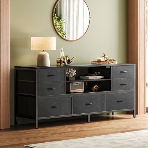 Huuger TV Stand Dresser with Power Outlets and LED Lights, 7 Drawer Console for 55 Inch TV, Black PU Leather Bedroom Dresser 7
