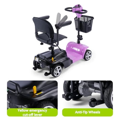 SAYYEAH 4 Wheels Mobility Scooter for Adults&Seniors, Max Speed:6mph, Mobility Scooter for Travel, with LED Headlights and Basket, Charger Included, (Purple/red/Blue/Silver) (Purple) 6