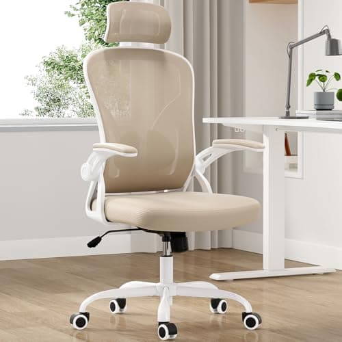 Farini Ergonomic Office Chair, Home Office Desk Chair with Headrest, High Back Swivel Computer Chair with Armrests and Adjustable Lumbar Support for Home Office Study Room, White & Khaki