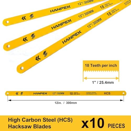 Hanpex Hacksaw Replacement Blades Set (10 Pack) High Speed 12" Length Hack Saw Blade - High Carbon Steel (HCS) Cutting Blades 6